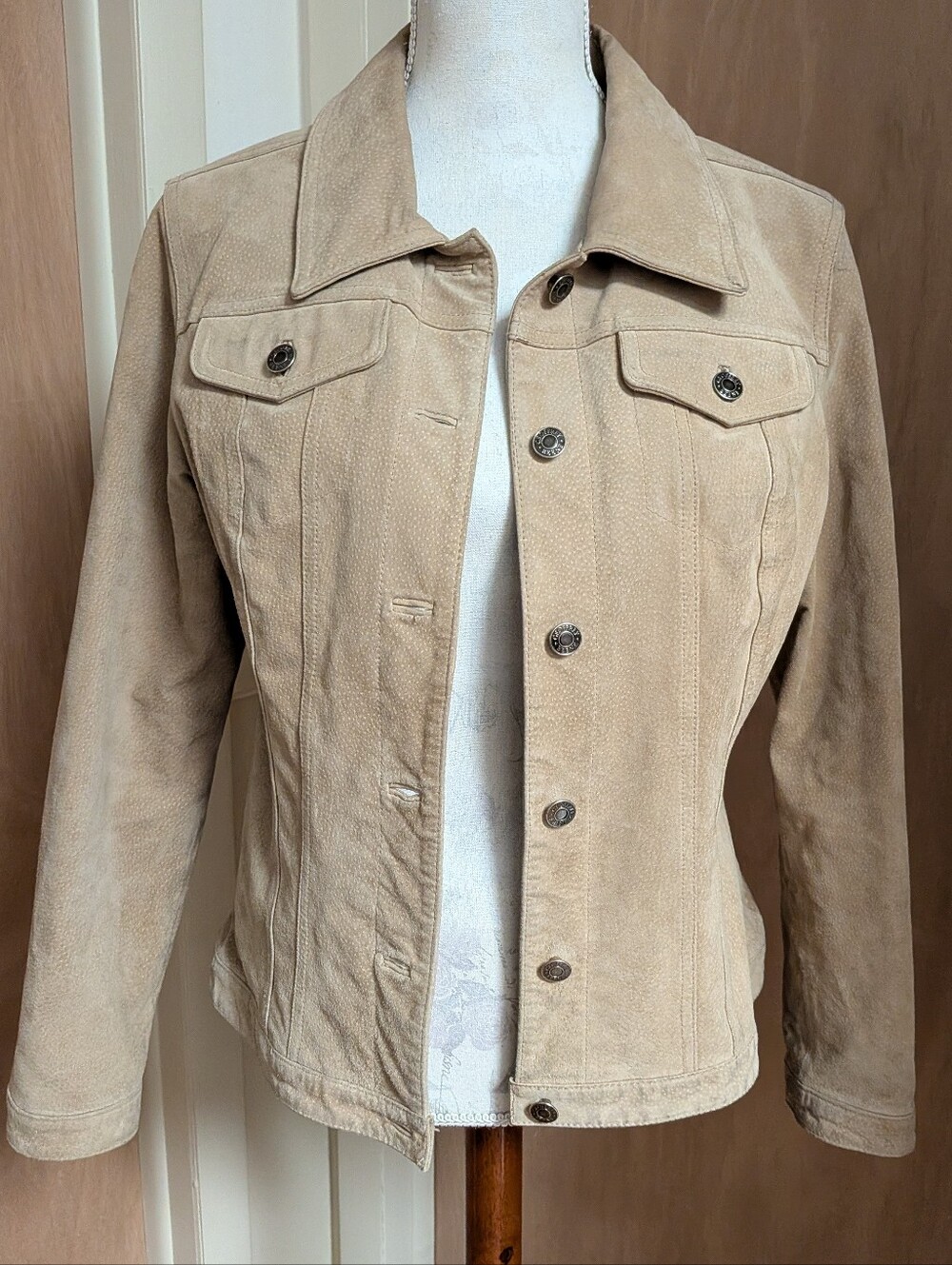 Geoffrey Beene Sport Genuine Leather Jacket L Tan Camel Button Front Utility